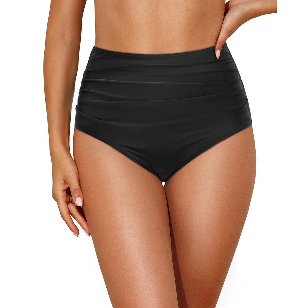 Retro High Waist Bikini Bottom Black Ruched L